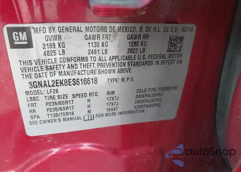 2014 Chevrolet Captiva Sport 2Ls из США, поврежденный, VIN 3GNAL2EK8ES616618